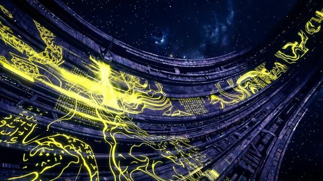 A grand alien megastructure with intricate firefly algorithmic patterns projecting onto its curving surfaces, set against a stunning deep space galaxy.