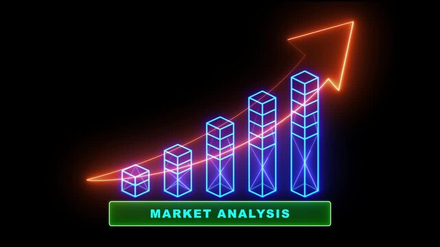 Futuristic business growth interface with market analysis text and orange neon arrow