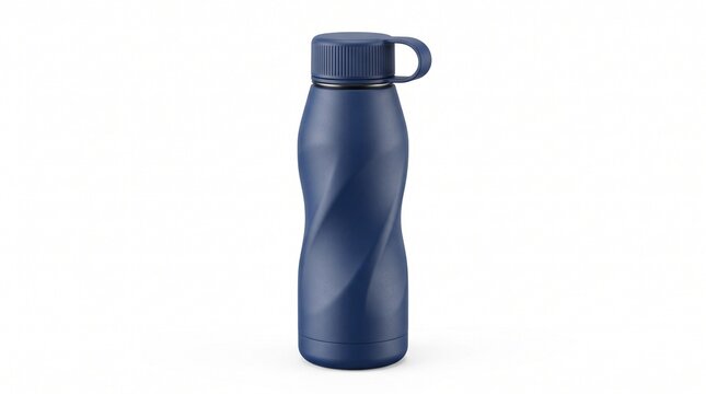 Dark blue reusable water bottle isolated on white background, modern stainless steel thermos flask, ergonomic metal drink flask for sports and fitness