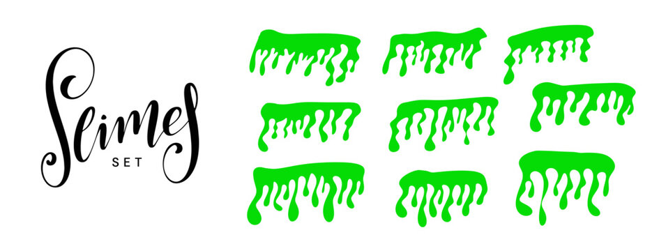 Vector set of green slime isolated on white background.