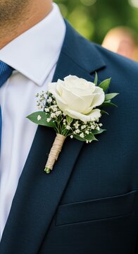 ダークネイビースーツに添えられた白いバラと麻紐のブートニア。結婚式に臨む新郎の胸元。上品なフォーマルスタイルの接写