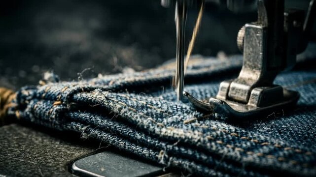 Extreme close-up of a sturdy sewing machine needle piercing blue denim fabric in a dimly lit workshop, highlighting precision and craftsmanship.