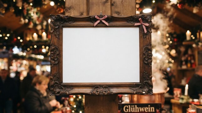 Empty Ornate Wooden Picture Frame with Blank White Background Hanging at a Festive Christmas Market with Bokeh Lights for Mockup
