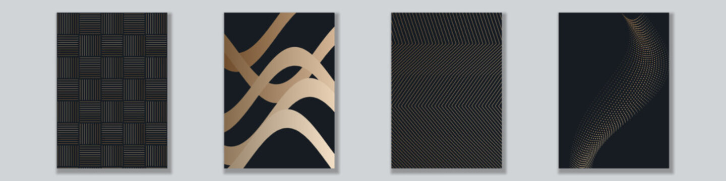 Modern abstract luxury covers collection featuring dark backgrounds with metallic gold geometric lines, wavy gradients, and dotted halftone curves for premium stationery and branding