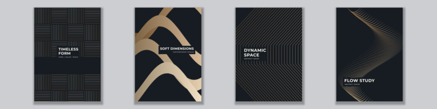 Set of four modern minimalist black and gold abstract book covers featuring geometric lines and fluid wave shapes, elegant corporate presentation templates and stationery layouts