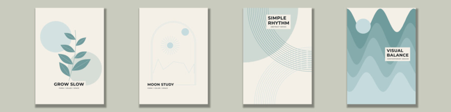 Set of four minimalist contemporary botanical posters featuring abstract geometric shapes and serene landscape themes for wall decor