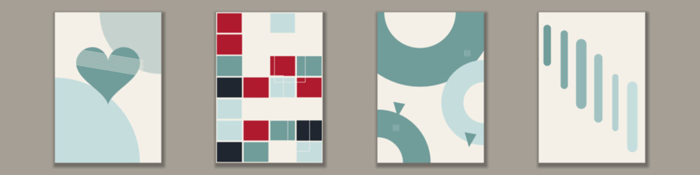 Four abstract posters featuring geometric shapes, heart symbol, modern minimalist composition, minimalist gallery wall art collection, contemporary interior decoration