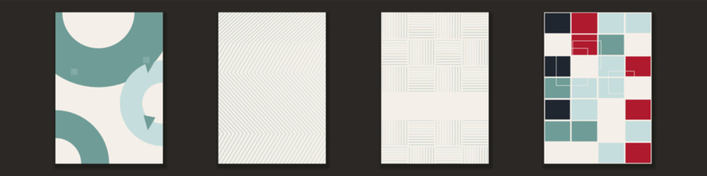 Set of four modern minimalist posters with abstract shapes, geometric compositions, contemporary wall art prints for interior decoration