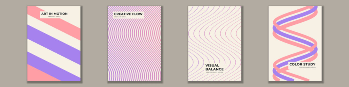 Set of four minimalist abstract cover templates featuring pastel stripes, wavy lines, and fluid curves for modern book covers and stationary