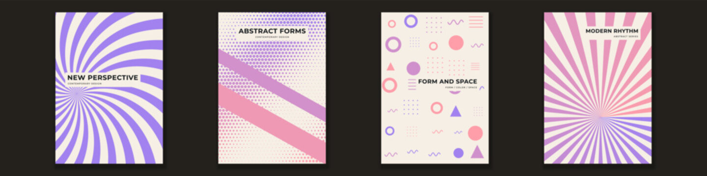 Abstract poster collection featuring geometric shapes, vibrant lines, optical illusions, halftone dots and modern graphic layouts