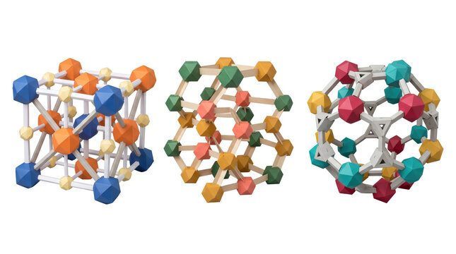 Three geometric molecular structures featuring colorful polyhedral nodes connected by white rods, isolated on a white background