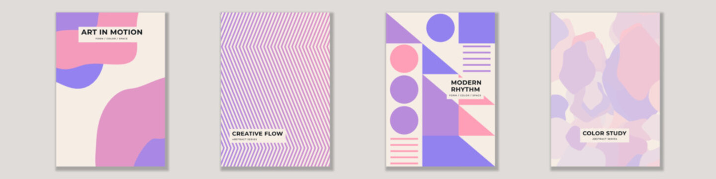 Four abstract poster covers featuring modern geometric shapes, minimal compositions, pastel color palettes, and typography elements for wall art prints, covers, and stationery
