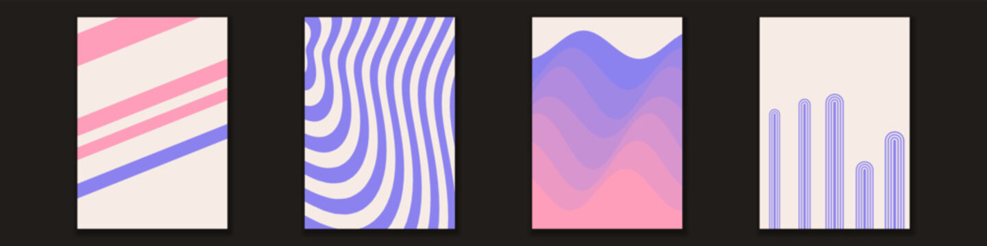 Abstract poster collection featuring minimalist geometric shapes and wavy lines in pastel pink and purple colors for modern wall decor and interior styling