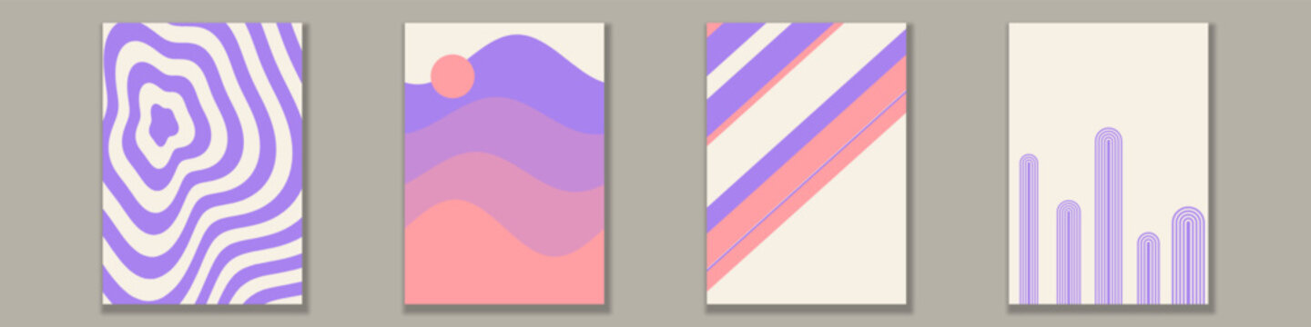 Modern abstract poster collection featuring wavy lines, minimalist shapes, geometric curves, and soothing pastel color palette for contemporary interior decoration