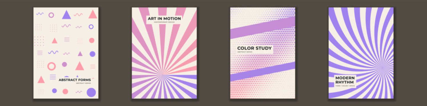 Set of four minimalist covers featuring abstract geometric shapes, dotted halftone textures, and vintage radial rays in pastel pink and purple colors for modern corporate brochure layouts