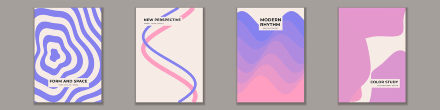 Set of abstract modern book cover templates featuring dynamic waves, geometric shapes, minimal compositions and typography for stationary, brochures, flyers, and corporate identities