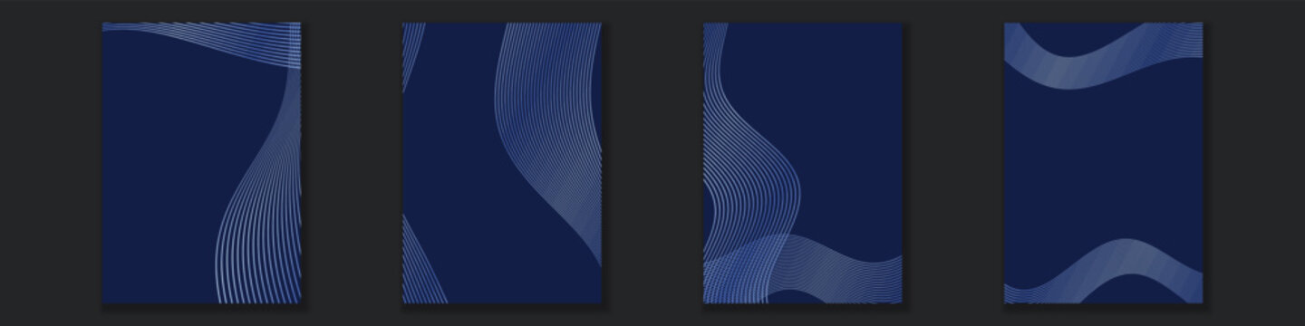 Abstract dark blue covers featuring curved parallel lines and wave graphics for modern corporate templates