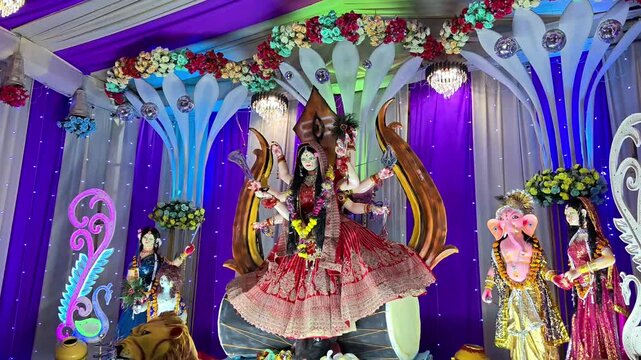 Majestic idol of hindu goddess durga decorated in pandal for navratri festival