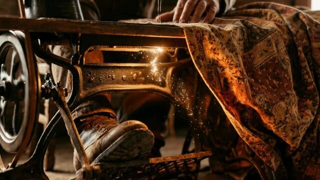 Skilled hands operate an antique cast iron sewing machine, meticulously stitching patterned fabric in a rustic workshop, highlighting traditional craftsmanship.