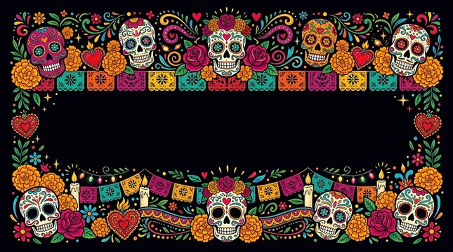 Day of the dead decorative border with sugar skulls and marigolds