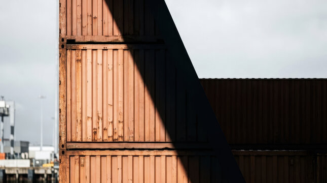 Industrial shipping container shadow geopolitical tensions trade scene with dramatic contrast, urban port setting and architectural texture