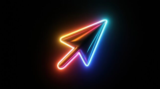 3d Neon Click pointer cursor arrow icon on black background
