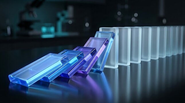Abstract effect of falling clear and blue dominoes in a row with purple light reflection creating a cascade sequence.