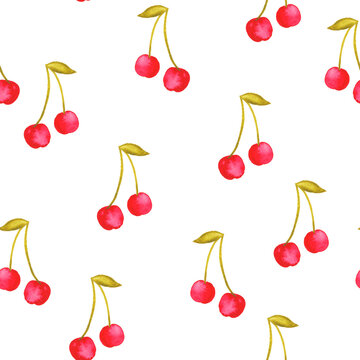 Red watercolor cherries with delicate stems scattered on a white background. A charming hand-painted fruit pattern for summer fabrics, kitchen accessories, stationery, gift wrap, and seasonal packagin