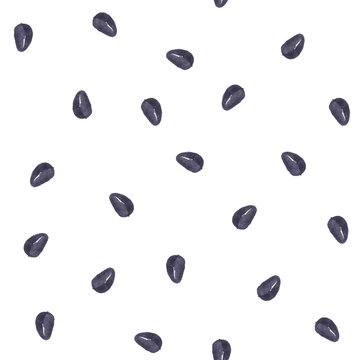 Hand-painted black sunflower seeds scattered on a white background. A simple watercolor blender pattern with organic shapes, ideal for coordinating with fruit prints, summer textiles, kitchen linens