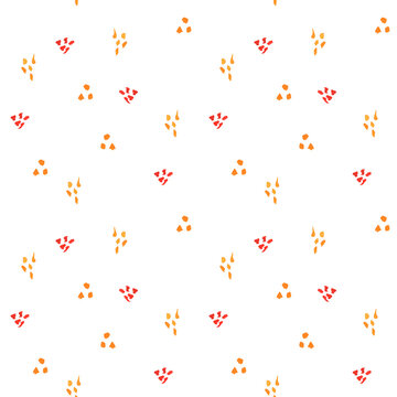 An abstract watercolor pattern featuring tiny red and orange dots on a white background. Loose brush marks and organic shapes create a playful blender print for coordinating with fruit patterns