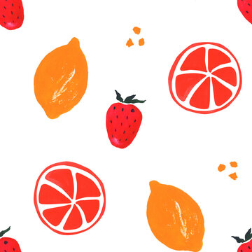 A hand-painted watercolor pattern featuring red strawberries, bright citrus slices, and orange fruits on a white background. Perfect for summer textiles, fabric, gift wrap, stationery