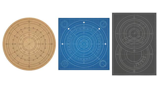 Three geometric technical featuring concentric circles, grid lines, and circular patterns on tan, blue, and dark gray backgrounds