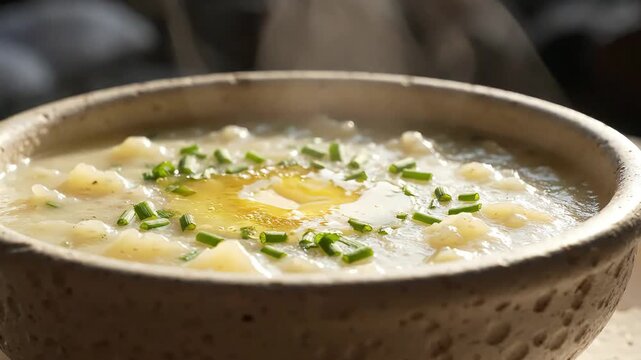 Butter Melting on Hot Creamy Potato Soup with Rising Steam, Macro Food Video