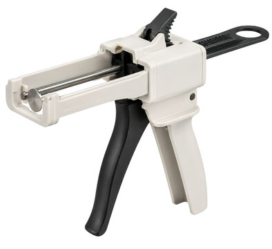 Dual-barrel dispensing gun for adhesive application