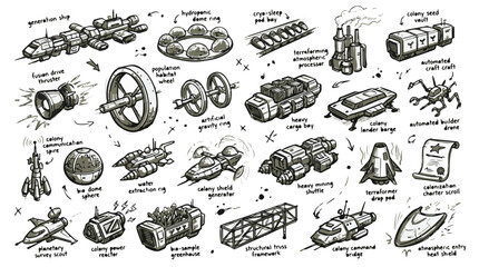 Sci-fi space colonization spaceship and habitat module concept art sketch collection with technical annotations © Jak