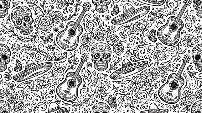 Seamless pattern of sugar skulls, guitars, and flowers in black and white