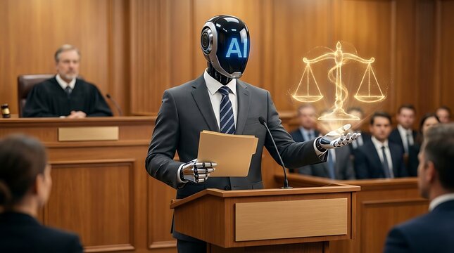Artificial intelligence robot lawyer presenting in courtroom with scales of justice hologram above, future of legal system technology.