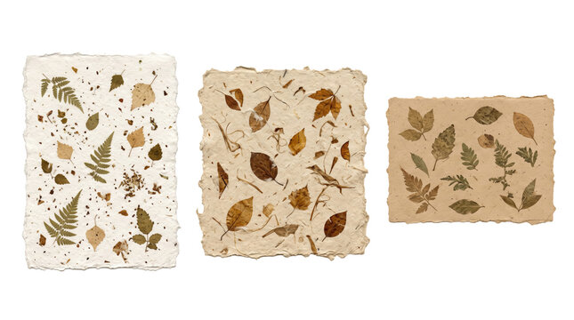 Three handmade paper sheets with deckled edges, embedded with dried pressed leaves, ferns, and botanical on white and beige textures