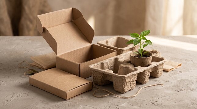 Several open and closed cardboard boxes, along with molded pulp inserts and a small live plant in a pot, are staged on a textured surface for sustainable packaging concepts.