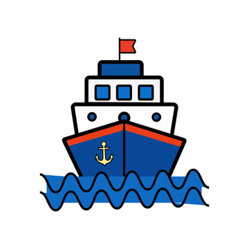 Front view of a cartoon blue cruise ship sailing on ocean waves, isolated on transparent background