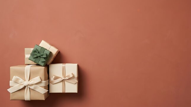 Three wrapped gift boxes with ribbons stacked on terracotta background