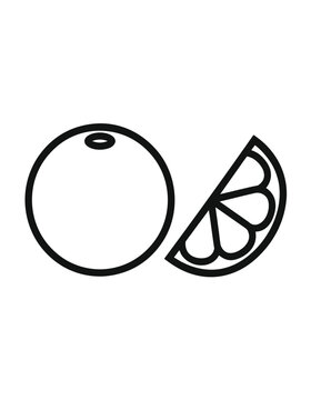 Black and white line art coloring page of an orange and a slice for kids, isolated on white background