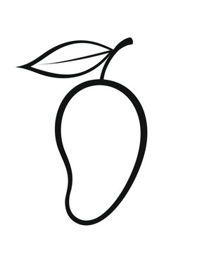 Black and white line art coloring page of a mango with a leaf for kids, isolated on white background