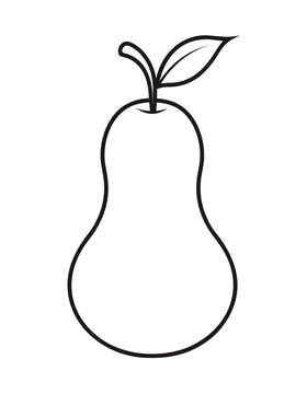 Black and white line art coloring page of a pear with a leaf for kids, isolated on white background