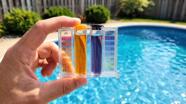 Hand holding pool water test kit, measuring pH and chlorine levels, for swimming pool maintenance.