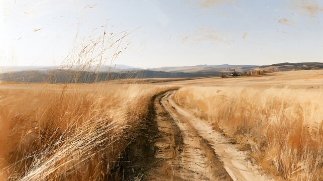 A narrow country path winds through loosely painted golden fields toward distant mauve hills, with expressive brushwork and pale atmospheric washes suggesting crisp seasonal air