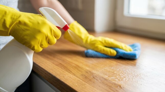Person wearing yellow gloves sprays cleaner and wipes wooden window sill with blue cloth cleaning surface at home.
