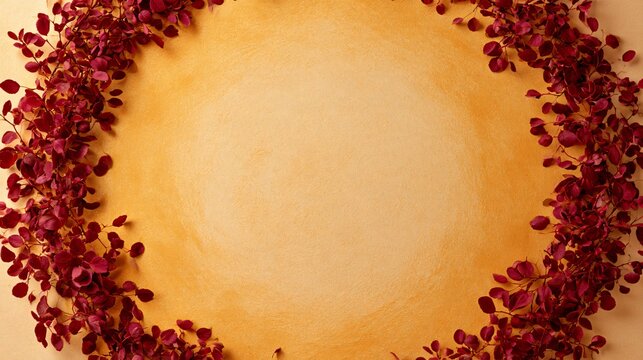 A soft circular wash of golden ochre surrounds an untouched ivory center while delicate burgundy leaves appear only around the outer edge, forming a modern seasonal frame with generous copy space