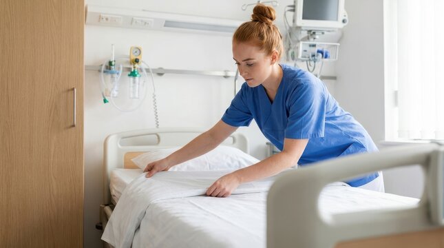 Young redhead nurse in blue scrubs making a hospital bed in a bright medical room.
