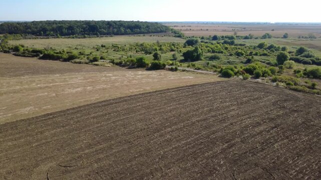 Panoramic Drone Shot Over Summer Farmland. Stunning Drone Aerial of Cultivated Fields and Green Vegetation.